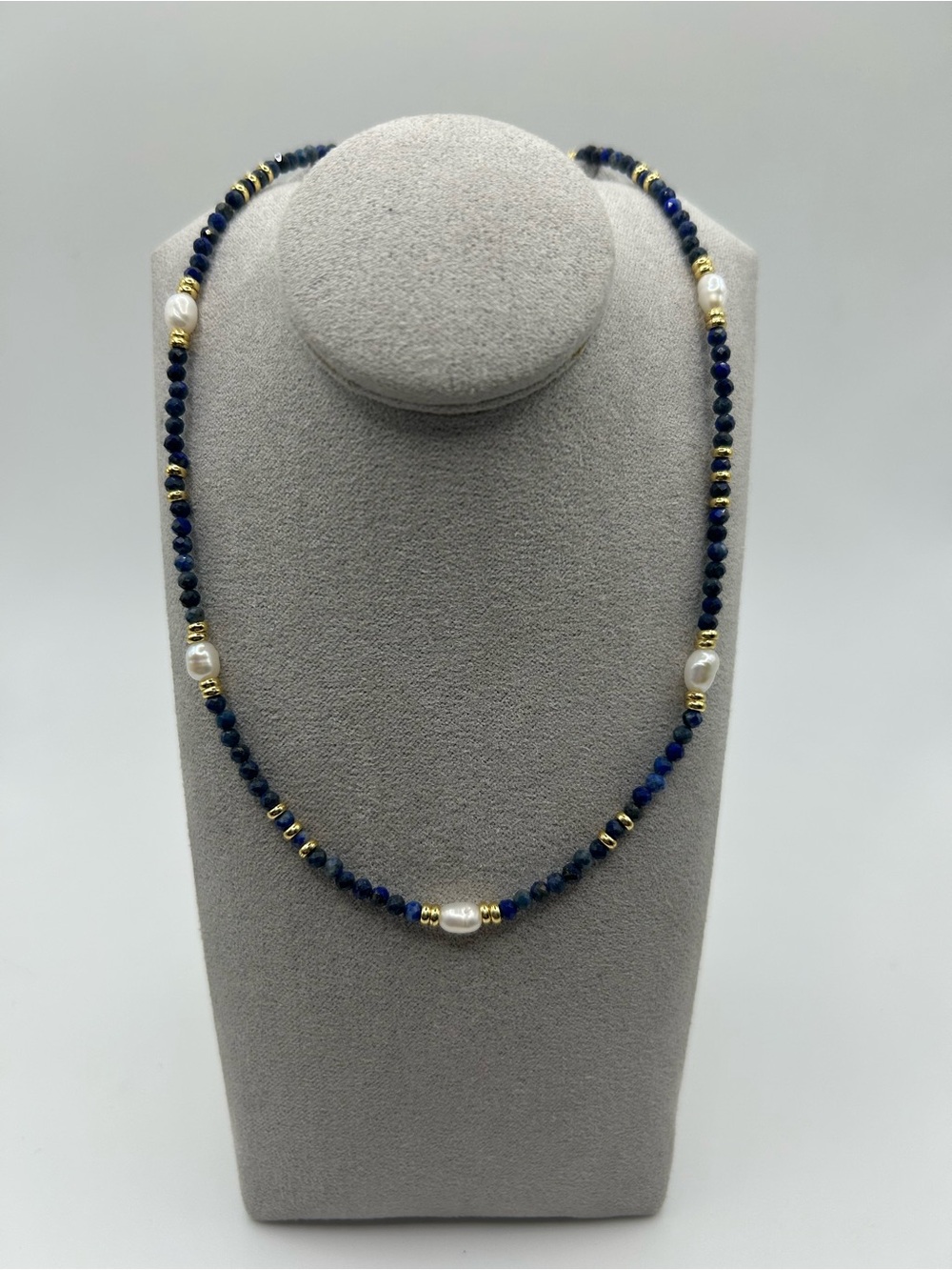 #212182 Handmade lapis fresh water pearl and gold tone beads necklace
